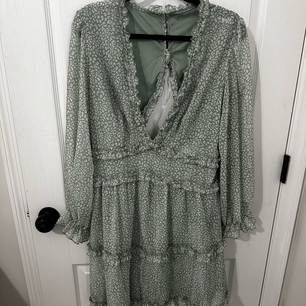 Green Long Sleeve Romper with Ruffle Details